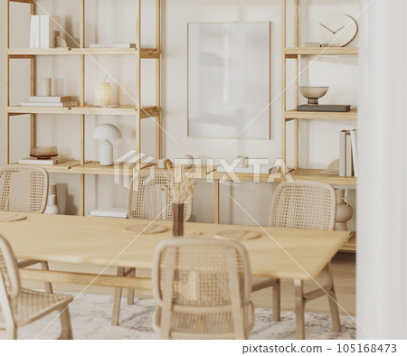 empty frame mock up on white wall with shelves with decor, dining table in living room interior, 3d rendering 105168473