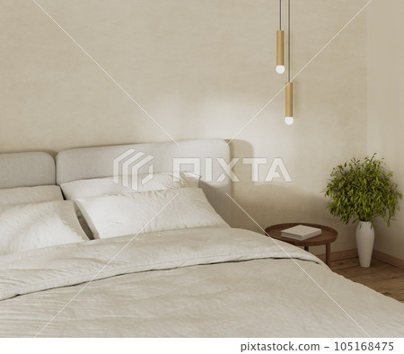 Bedroom interior mock up with big bed close up, bedside table with pendant light above, sunlight on wall, 3d rendering Bedroom interior mock up with big bed close up, bedside table with pendant light above, sunlight on wall, 3d rendering 105168475