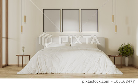 Poster frames mock up above bed in modern bedroom interior, 3d render Poster frames mock up above bed in modern bedroom interior, 3d render 105168477