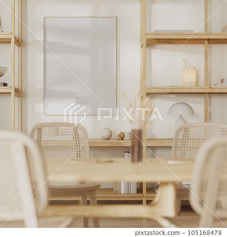 poster frame mock up in living room interior with cupboard with shelves with decor, dining table with chairs, 3d rendering 105168478