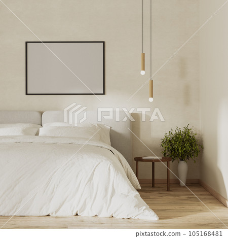 blank picture frame mock up above bed in modern bedroom interior, 3d render 105168481