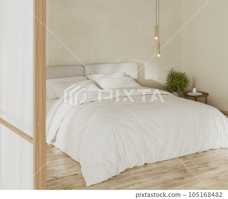 Bedroom interior mock up with big bed close up, bedside table with pendant light above, sunlight on wall, 3d rendering Bedroom interior mock up with big bed close up, bedside table with pendant light above, sunlight on wall, 3d rendering 105168482