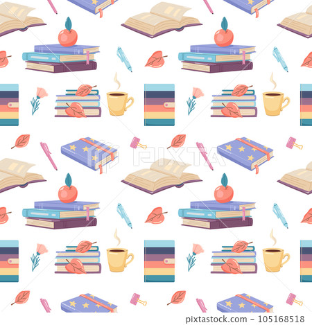 Back to school seamless pattern with supplies. Background with doodle vector multicolored elements. 105168518
