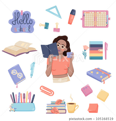 Set of school supplies and girl. Childish cute stationery subjects. Back to school. Vector flat illustration in hand drawn style. 105168519