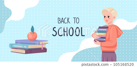 Back to school banner design. Books and schoolgirl. Flat graphic vector illustrations on blue background 105168520