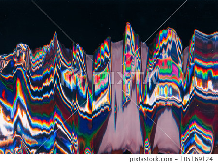 Glitch pattern. Interference noise. Abstract design. Dark background with rainbow neon light smearing wave ornament texture. Glitch pattern. Interference noise. Abstract design. Dark background with rainbow neon light smearing wave ornament texture. 105169124