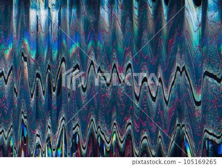Glitch vibration. Wave design. Interference noise. Colorful background with blue pink black zigzag ornament blurred pattern. 105169265