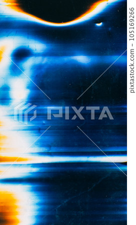 Glitch overlay. Light flare design. Distortion noise. Dark background with neon blue orange blurred smearing cover pattern free space. 105169266