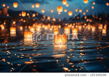 Paper lanterns float on dark water. Traditional Floating Lantern Festival, Memorial Day. Generative AI illustration 105169290