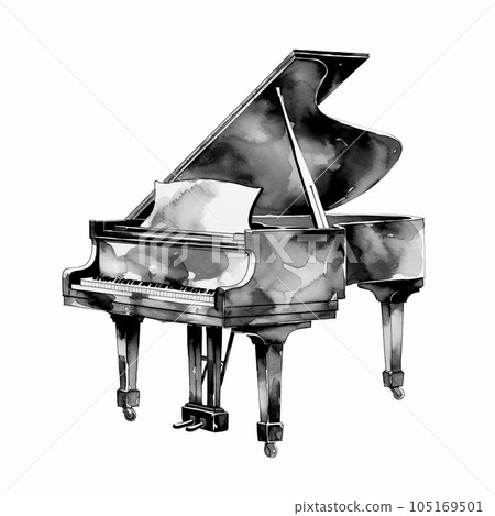 Black watercolor sketch grand piano on a white background 105169501