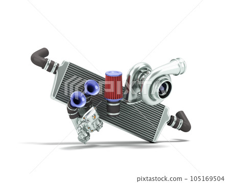 Set of custom spare car parts for tuning the internal components 3d render on white 105169504