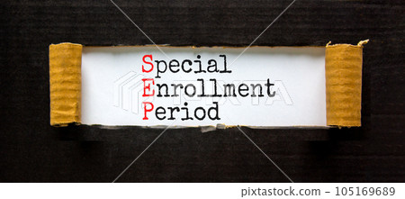 SEP symbol. Concept words SEP Special enrollment period on beautiful white paper. Beautiful white table black background. Medical and SEP Special enrollment period concept. Copy space. 105169689