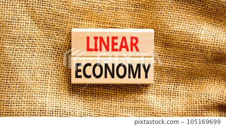 Linear economy symbol. Concept words Linear economy on wooden blocks. Beautiful canvas table canvas background. Business linear economy concept. Copy space. Linear economy symbol. Concept words Linear economy on wooden blocks. Beautiful canvas table canvas background. Business linear economy concept. Copy space. 105169699