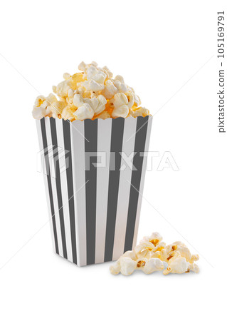 Black white striped carton bucket with tasty cheese popcorn, isolated on white background 105169791