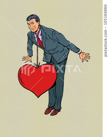The shackles of romantic relationships. Reaching down because of love problems. The man in the suit holds on as the heart on the noose pulls him down. Pop Art Retro 105169860