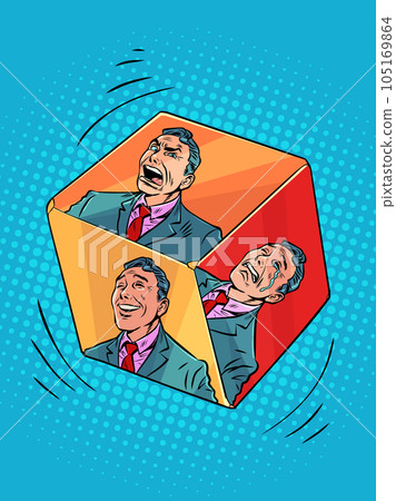 Human emotions depend on the case. Throw a life for us. A cube with faces in the form of different emotions of a man in a suit. Pop Art Retro 105169864