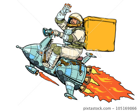 High-quality and safe delivery to all points of the world. The astronaut flies on a spaceship and carries a delivery. Pop Art Retro 105169866