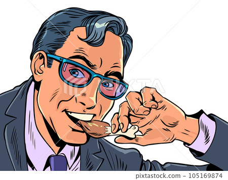Snack or lunch for office workers in their business centers. Convenient and delicious snacks anywhere in the city. A man in a suit and glasses eats a chicken leg. Pop Art Retro Snack or lunch for office workers in their business centers. Convenient and delicious snacks anywhere in the city. A man in a suit and glasses eats a chicken leg. Pop Art Retro 105169874