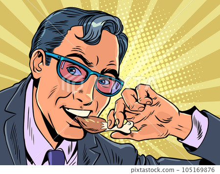 Snack or lunch for office workers in their business centers. Convenient and delicious snacks anywhere in the city. A man in a suit and glasses eats a chicken leg. Pop Art Retro 105169876