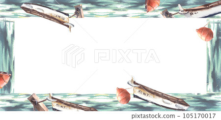 Watercolor frame red buoys and boats at sea Hand painted illustration on white background Watercolor frame red buoys and boats at sea Hand painted illustration on white background 105170017