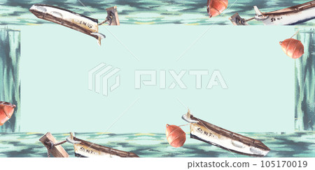 Watercolor frame red buoys and boats at sea Hand painted illustration on light coloured background 105170019