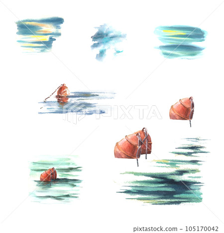 Watercolor maritime set Red buoys at sea, waves and splashes Hand painted illustration isolated on white background 105170042
