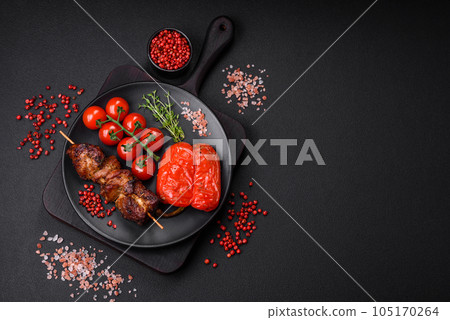 Delicious grilled chicken, turkey or pork skewers with salt, spices and herbs 105170264