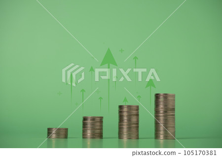 Rows of coins money with arrow up on wooden blocks, Money savings and goal planing for future, Interest rate increases, Profit from deposit money, Successful business investment Rows of coins money with arrow up on wooden blocks, Money savings and goal planing for future, Interest rate increases, Profit from deposit money, Successful business investment 105170381