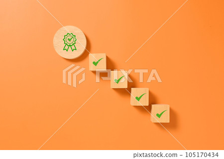 Certificate with check mark guarantee icons on wooden cubes, International Organization for Standardization ISO and quality control certification concept, Sign of top service quality assurance Certificate with check mark guarantee icons on wooden cubes, International Organization for Standardization ISO and quality control certification concept, Sign of top service quality assurance 105170434