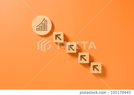Graph and arrow up icon on wooden blocks, Business growth success process, Business achievement goal and target, Planning and development for corporation Graph and arrow up icon on wooden blocks, Business growth success process, Business achievement goal and target, Planning and development for corporation 105170445