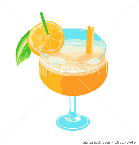 Tropical fruity yellow cocktail of orange, mango, pineapple, banana, passion fruit, melon. Stem glass with juice, straw, orange slice and mint leaf. Vector 105170449