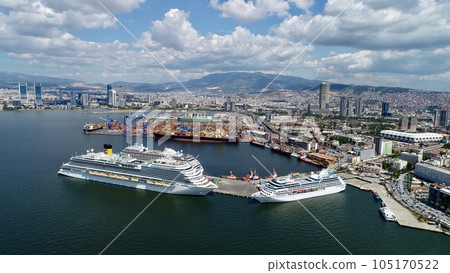 A view of the 3 cruise ships arriving at the port of Izmir a view of the city from the air. A view of the 3 cruise ships arriving at the port of Izmir a view of the city from the air. 105170522
