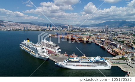 A view of the 3 cruise ships arriving at the port of Izmir a view of the city from the air. 105170525