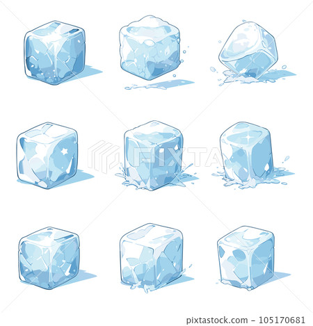 Ice cubes and melted ice cube. Cartoon ice cubes isolated on transparent background. Set of blue ice cube. Vector illustration EPS10 105170681