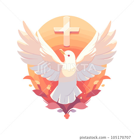 Cartoon christian Cross, Holy Spirit symbol and dove. Baptism Isolated on white background. Vector illustration EPS10 Cartoon christian Cross, Holy Spirit symbol and dove. Baptism Isolated on white background. Vector illustration EPS10 105170707