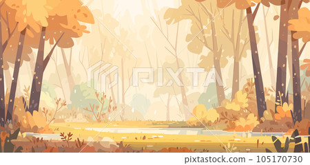 Autumn landscape. Autumn forest background. Brown leaves are falling. Wonderland landscape in fall season. Vector illustration EPS10 Autumn landscape. Autumn forest background. Brown leaves are falling. Wonderland landscape in fall season. Vector illustration EPS10 105170730