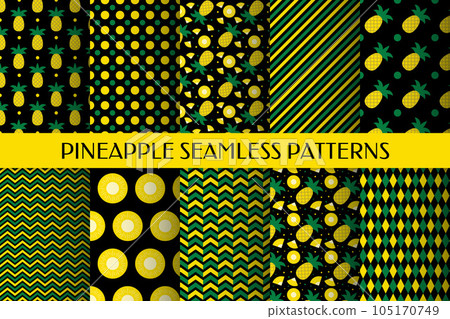 Set of 10 pineapple seamless patterns. Summer tropical fruit vector background bundle. Vector template for textile, fabric, wallpaper, wrapping paper, etc. Set of 10 pineapple seamless patterns. Summer tropical fruit vector background bundle. Vector template for textile, fabric, wallpaper, wrapping paper, etc. 105170749