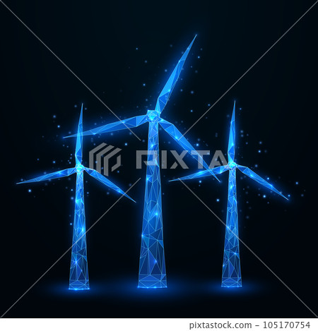 Wind energy. Wind turbines. Polygonal windmill. Renewable alternative sources of electric energy. Low poly wireframe design. Vector illustration EPS10 Wind energy. Wind turbines. Polygonal windmill. Renewable alternative sources of electric energy. Low poly wireframe design. Vector illustration EPS10 105170754