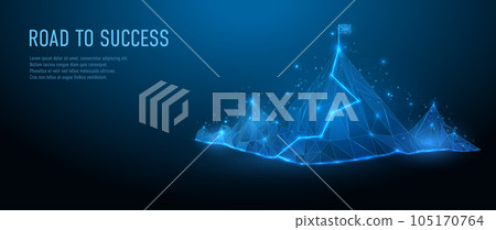Flag on the top of Mountain. Road to success low poly on blue dark background. Digital vector wireframe mountain. Victory motivation technology. Vector illustration EPS10 105170764