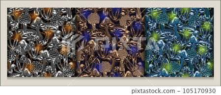Set of camouflage patterns with fantasy mushrooms, halftone shapes like flash. Dark textured background behind. Good for apparel, clothing, fabric, textile, sport goods. 105170930