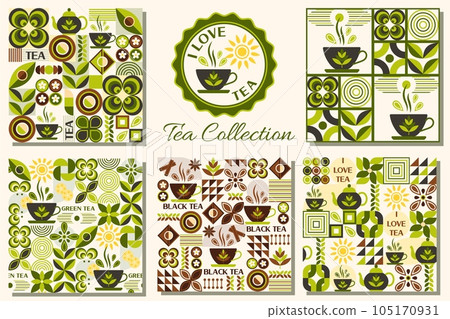 Set of tea themed patterns with icons, design elements in simple geometric style. Seamless background with abstract shapes. Good for branding, decoration of food package, cover design, textile prints 105170931