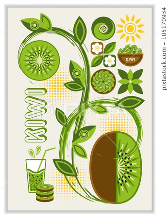 Vertical poster with kiwi fruit, abstract geometric shapes, paint brush strokes. Good for branding, decoration of food package, cover design, decorative print, background, wall decoration Vertical poster with kiwi fruit, abstract geometric shapes, paint brush strokes. Good for branding, decoration of food package, cover design, decorative print, background, wall decoration 105170934