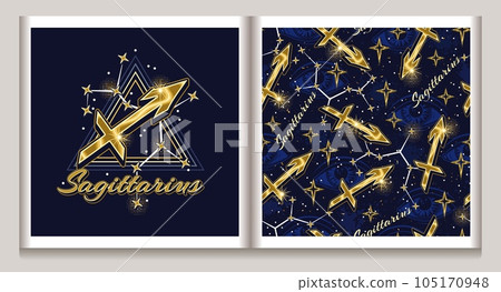 Pattern, label with gold icon of zodiac sign Sagittarius, constellation with stars, third eye, text, triangle as alchemical symbol of fire element. Mystic esoteric concept. Vintage style. Pattern, label with gold icon of zodiac sign Sagittarius, constellation with stars, third eye, text, triangle as alchemical symbol of fire element. Mystic esoteric concept. Vintage style. 105170948
