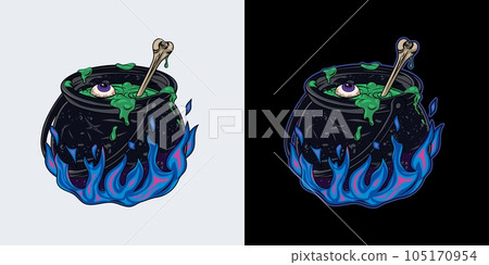 Witch cauldron with bubbling potion, blue fire Witch cauldron with bubbling potion, blue fire 105170954