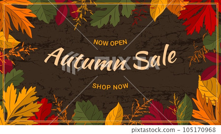 Autumn sale background with leaves, grass on dark brown bark wood texture. 105170968