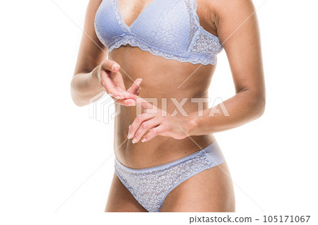 Scleroderma unaltered authentic body inclusivity. Skincare dermatology unrecognizable Latin woman 105171067