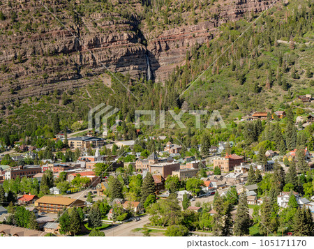 Sunny view of the Cascade Falls landscape and cityscape in Ouray Sunny view of the Cascade Falls landscape and cityscape in Ouray 105171170