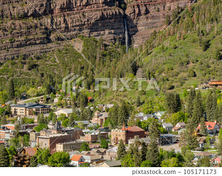 Sunny view of the Cascade Falls landscape and cityscape in Ouray Sunny view of the Cascade Falls landscape and cityscape in Ouray 105171173
