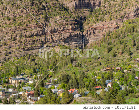 Sunny view of the Cascade Falls landscape and cityscape in Ouray Sunny view of the Cascade Falls landscape and cityscape in Ouray 105171181