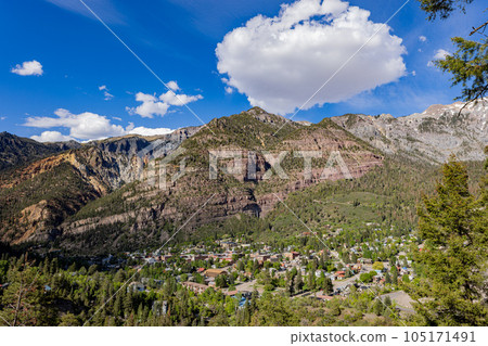Sunny high angle view of the Ouray town 105171491